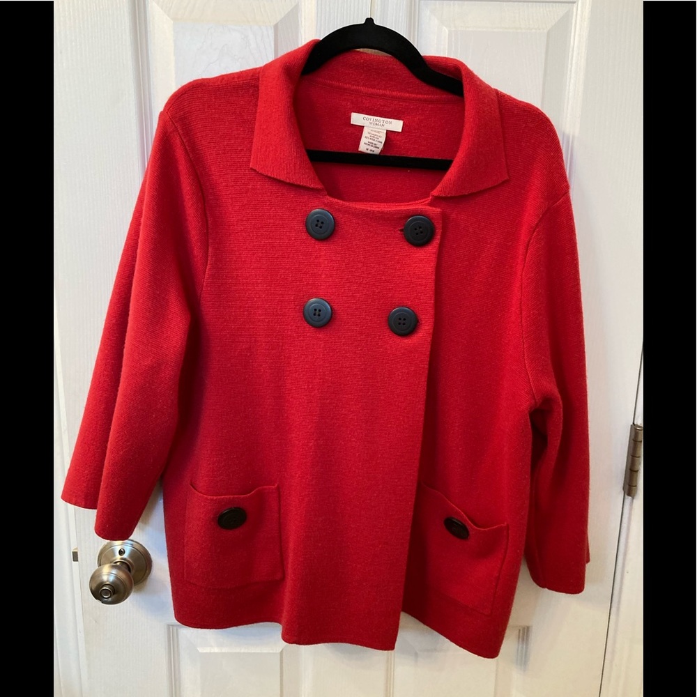 Covington Woman Red Sweater Jacket with Black Buttons